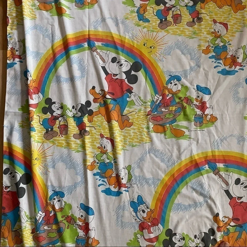 Vintage Disney Mickey Mouse Flat Twin Sheet Painting Rainbows Donald Duck Huey